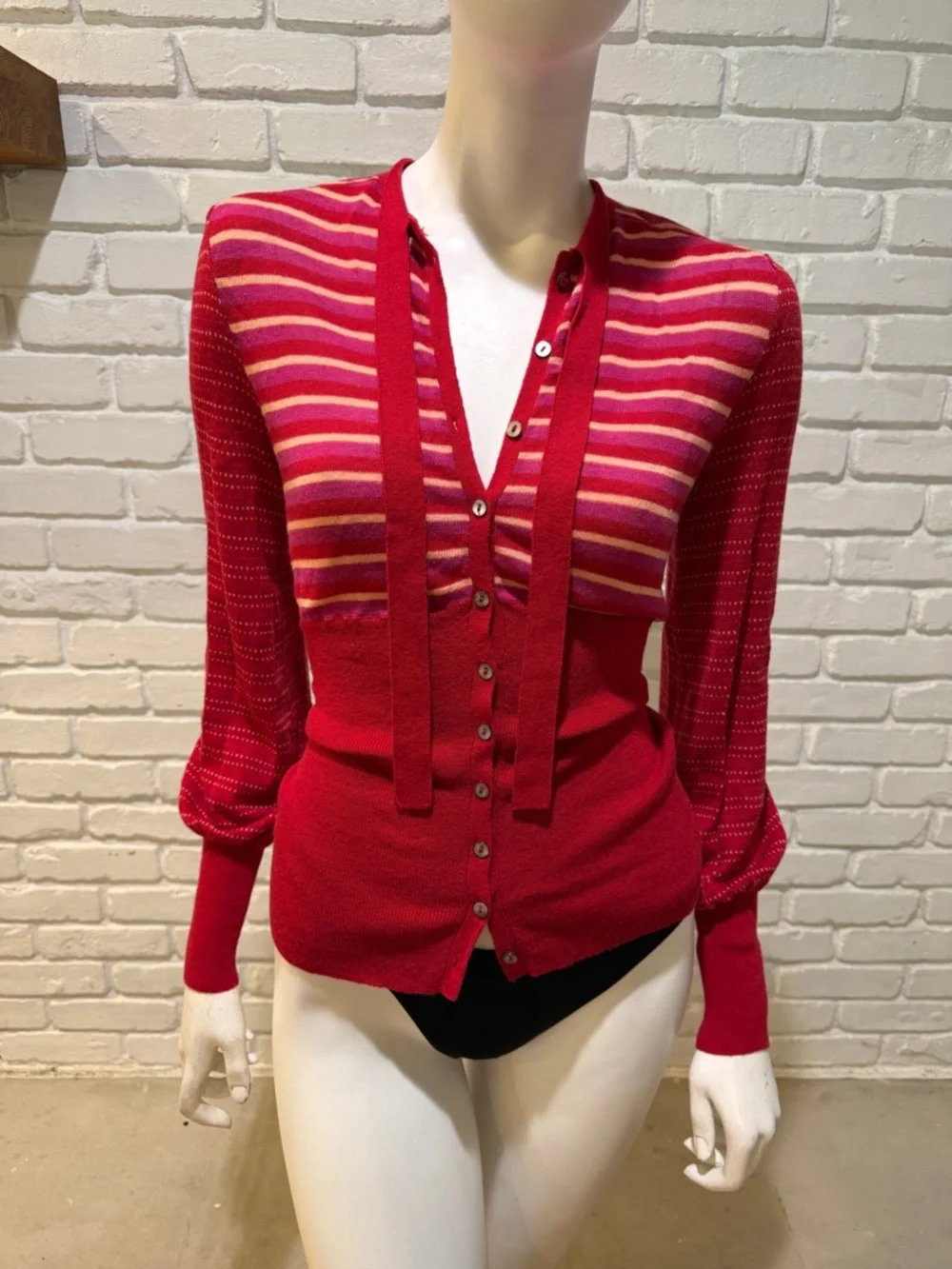 Free People Red Stripe Tie Neck Sweater S NWOT Boho Knit Blouse - Picture 6 of 14